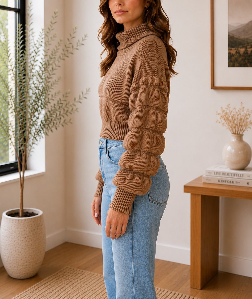 Ladies Brown Balloon Sleeve Turtleneck Jersey - StylePhase SA