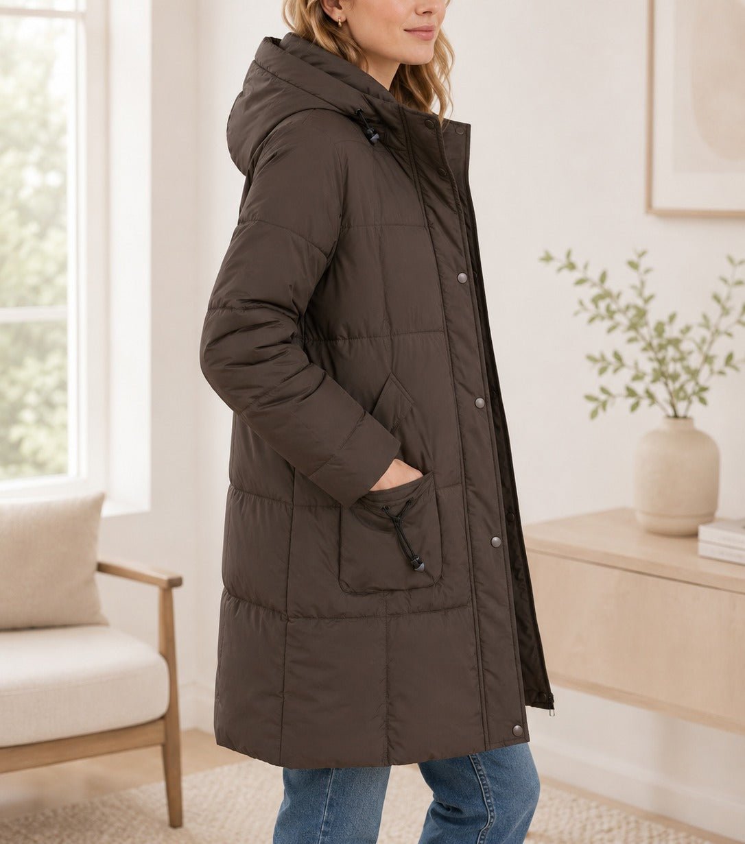 Ladies Brown Chocolate Long Line Padded Puffer Jacket - StylePhase SA