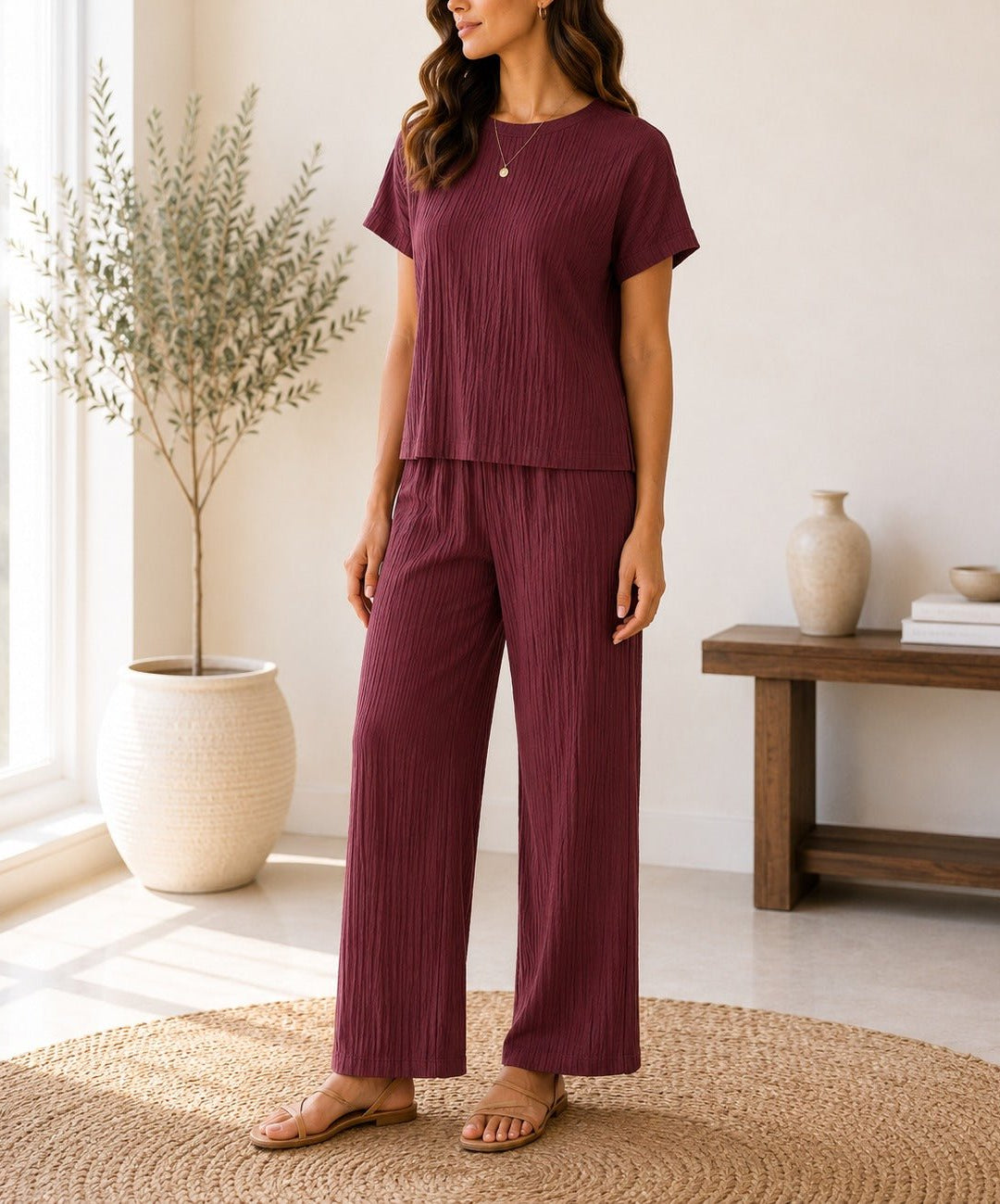 Ladies Brown Crinkle-Knit Two-piece New Feeling Set - StylePhase SA