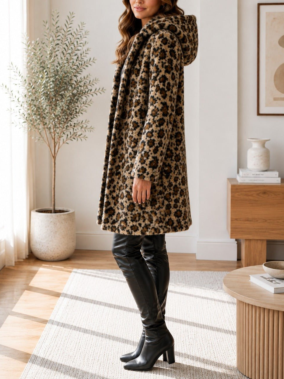 Ladies Brown Curly Melton Leopard Print Hooded Coat - StylePhase SA
