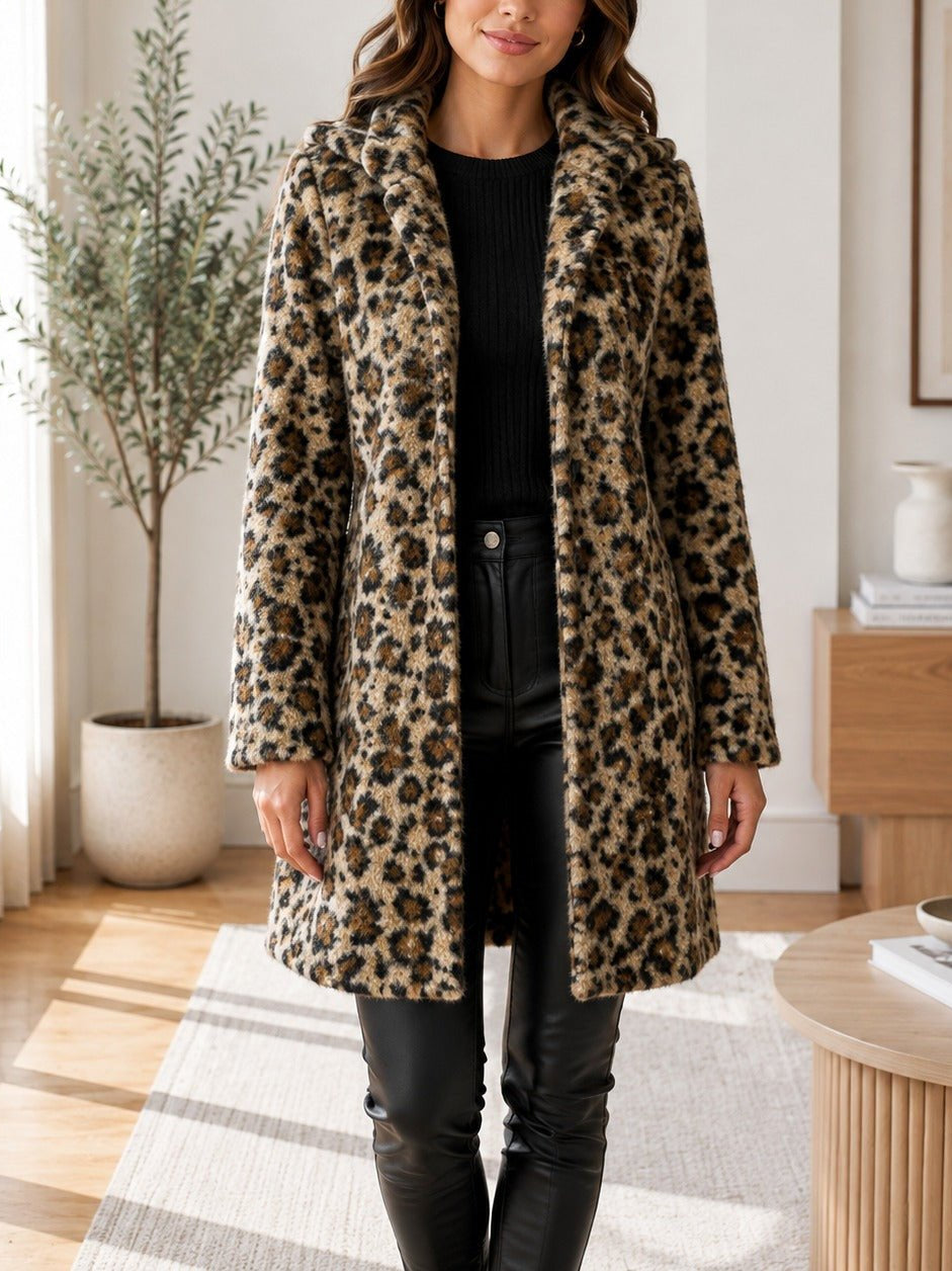 Ladies Brown Curly Melton Leopard Print Hooded Coat - StylePhase SA