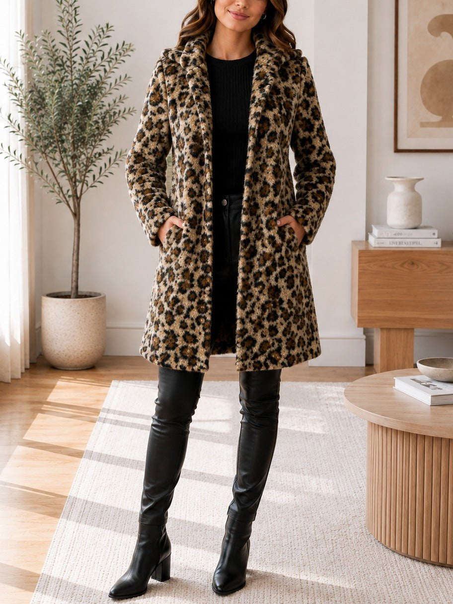 Ladies Brown Curly Melton Leopard Print Hooded Coat - StylePhase SA