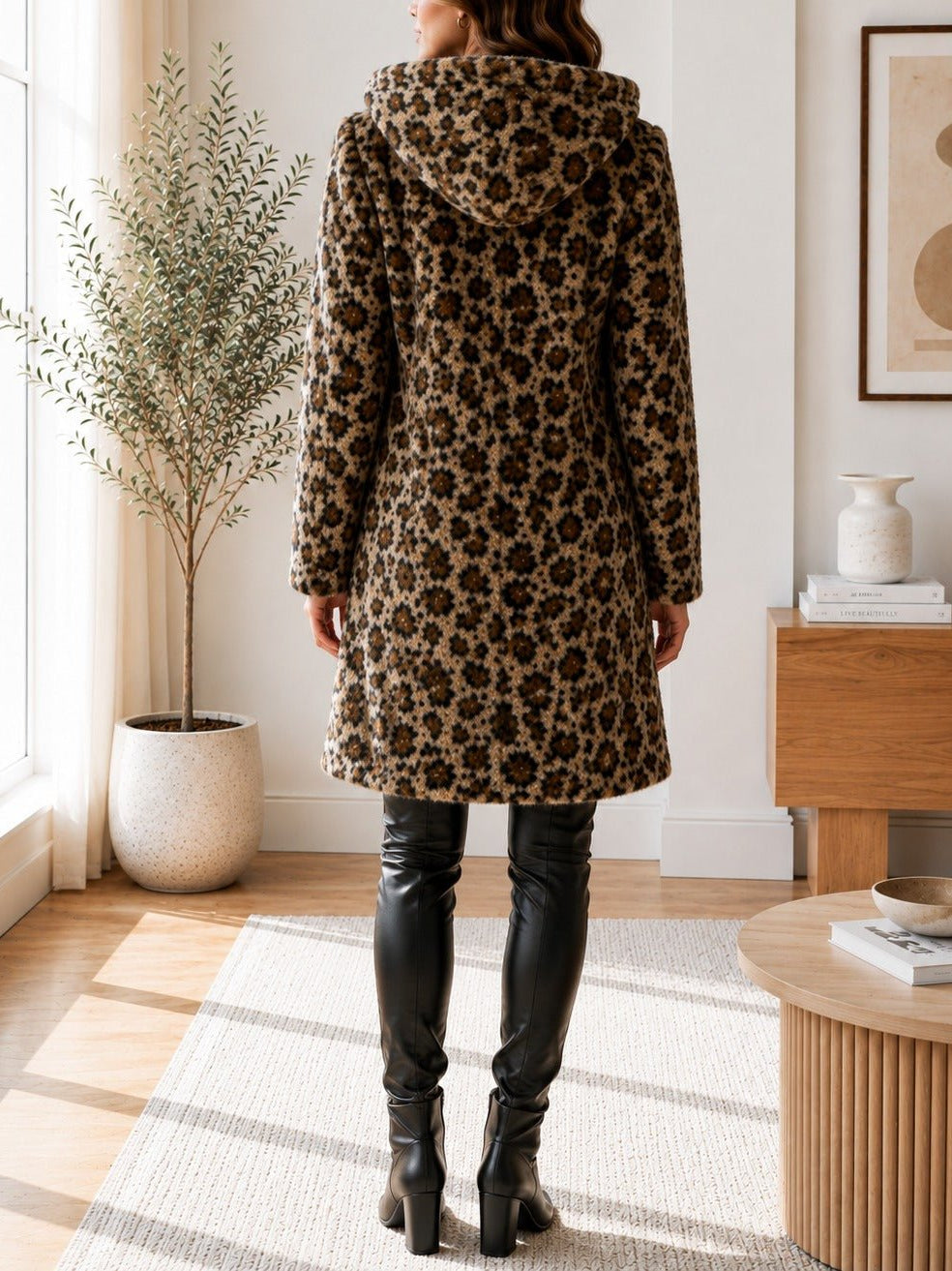 Ladies Brown Curly Melton Leopard Print Hooded Coat - StylePhase SA