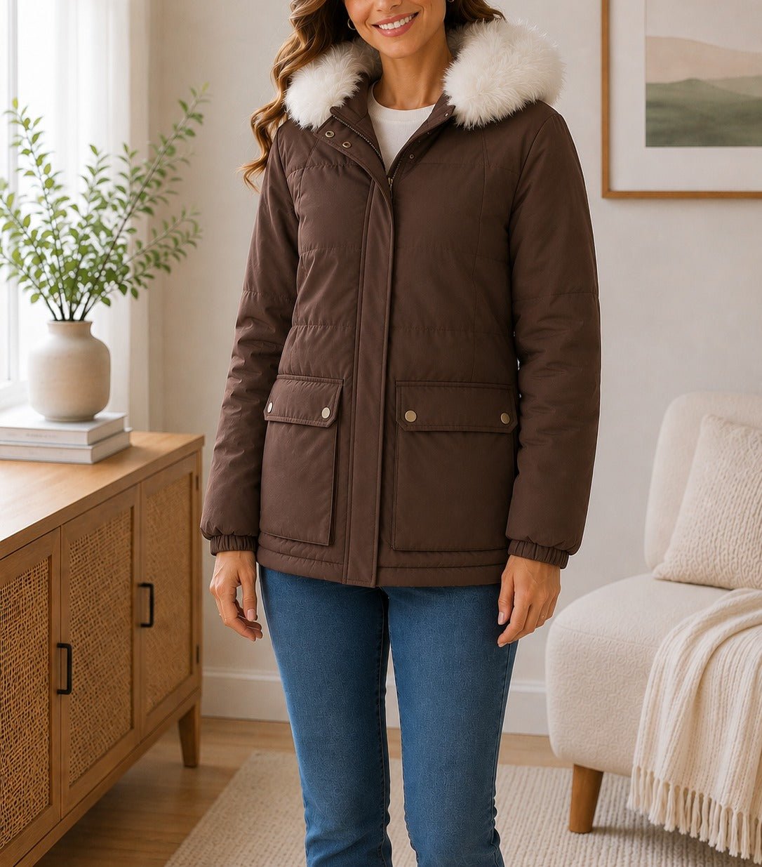 Ladies Brown Detachable Fur Hoody Jacket - StylePhase SA