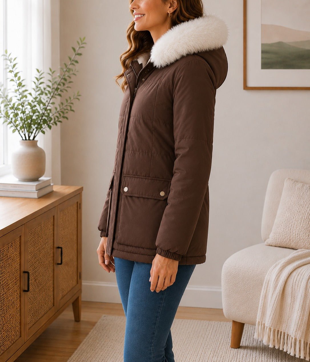 Ladies Brown Detachable Fur Hoody Jacket - StylePhase SA