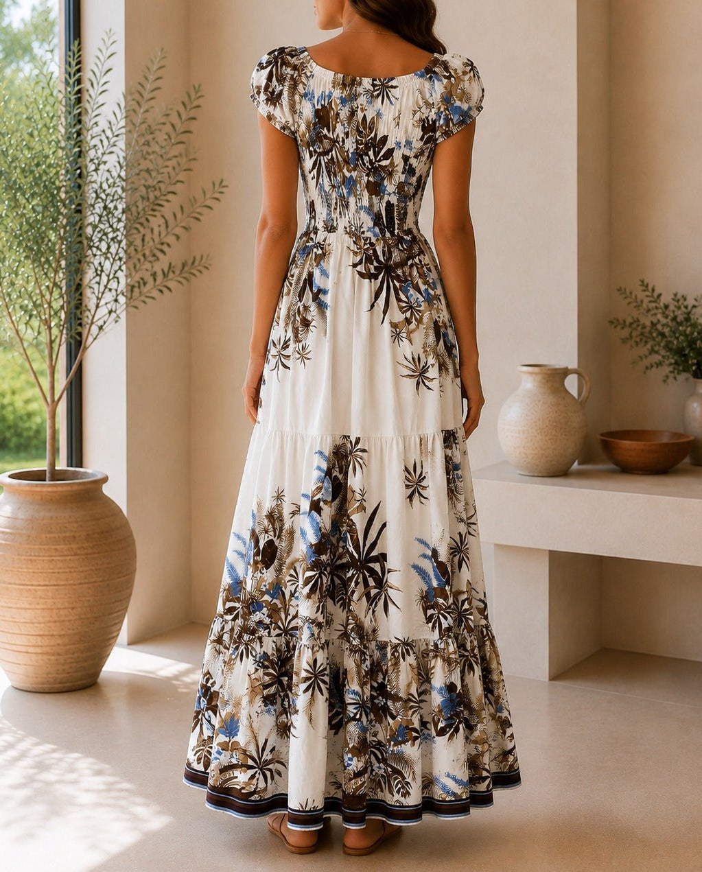 Ladies Brown Floral Smoked Waist Maxi Dress - StylePhase SA