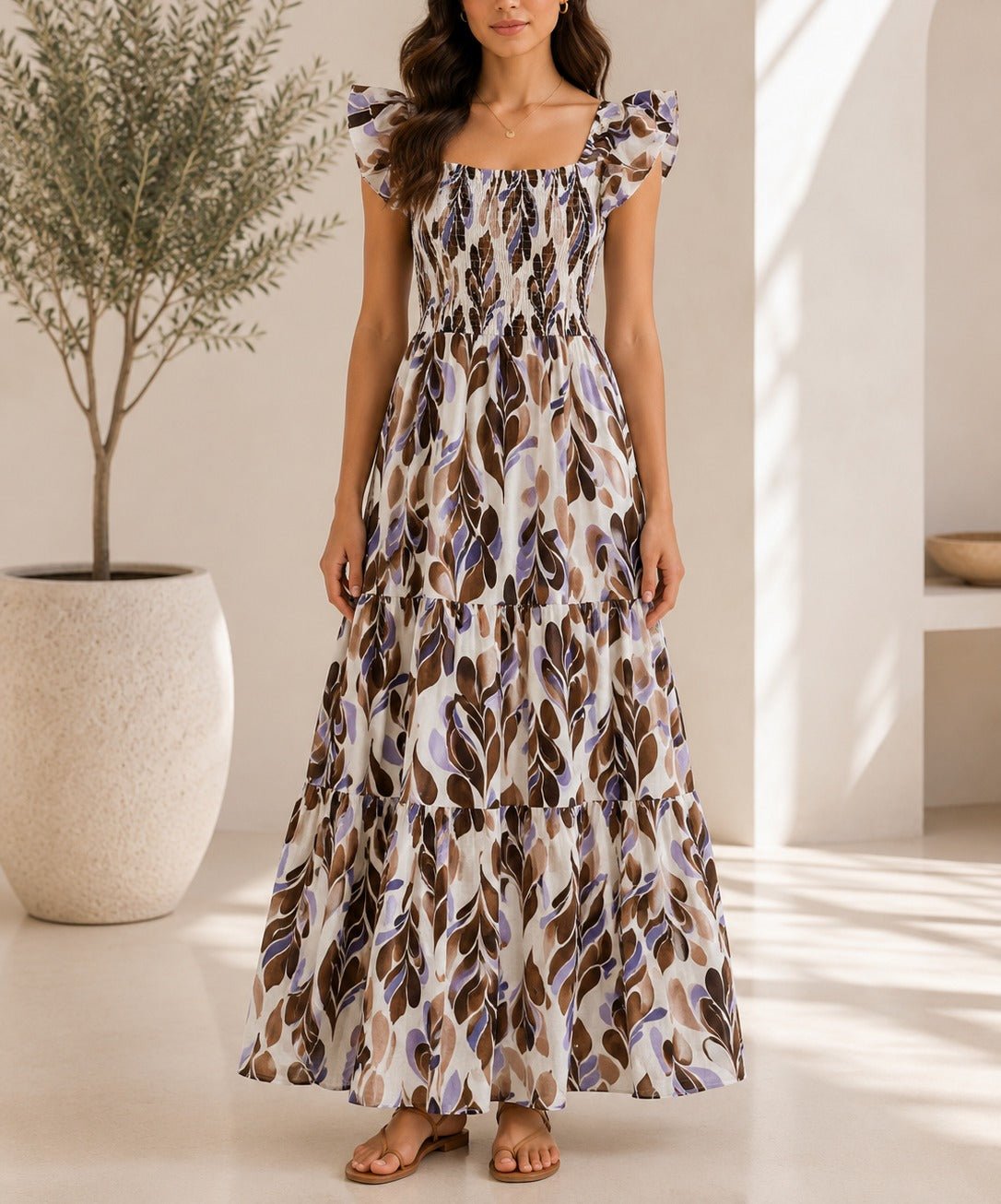 Ladies Brown Leaf Print Double Layered Flutter Sleeve Dress - StylePhase SA