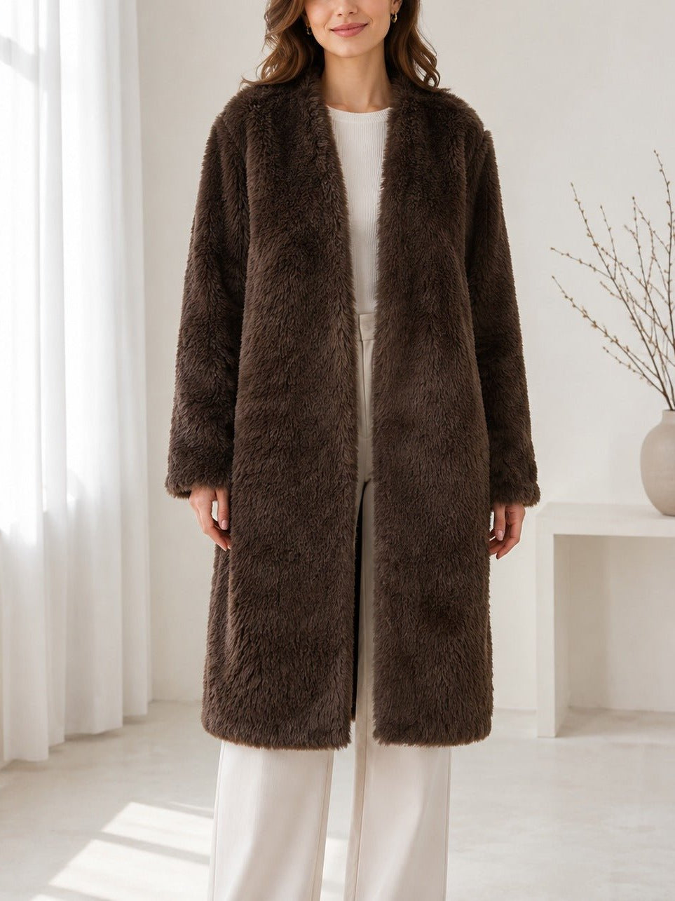 Ladies Brown Open-Front Faux Fur Coat - StylePhase SA