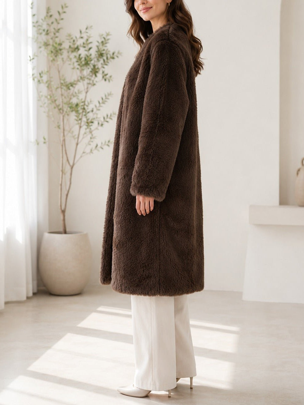 Ladies Brown Open-Front Faux Fur Coat - StylePhase SA