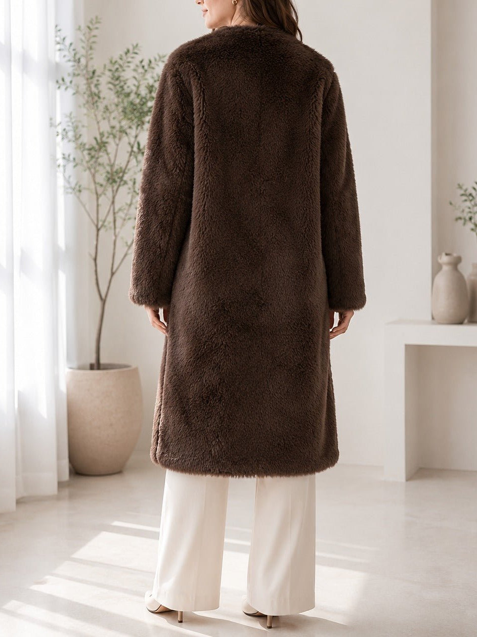 Ladies Brown Open-Front Faux Fur Coat - StylePhase SA