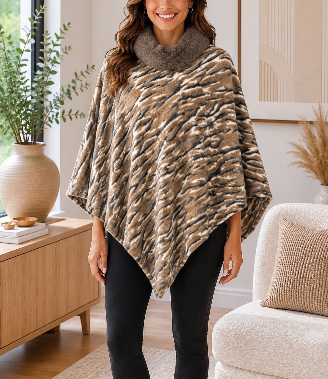 Ladies Brown Pattern Fur Collar Poncho - StylePhase SA