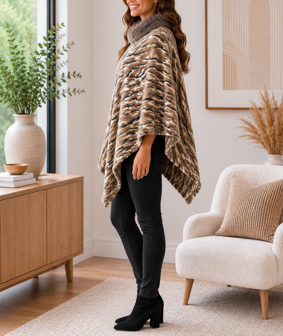 Ladies Brown Pattern Fur Collar Poncho - StylePhase SA
