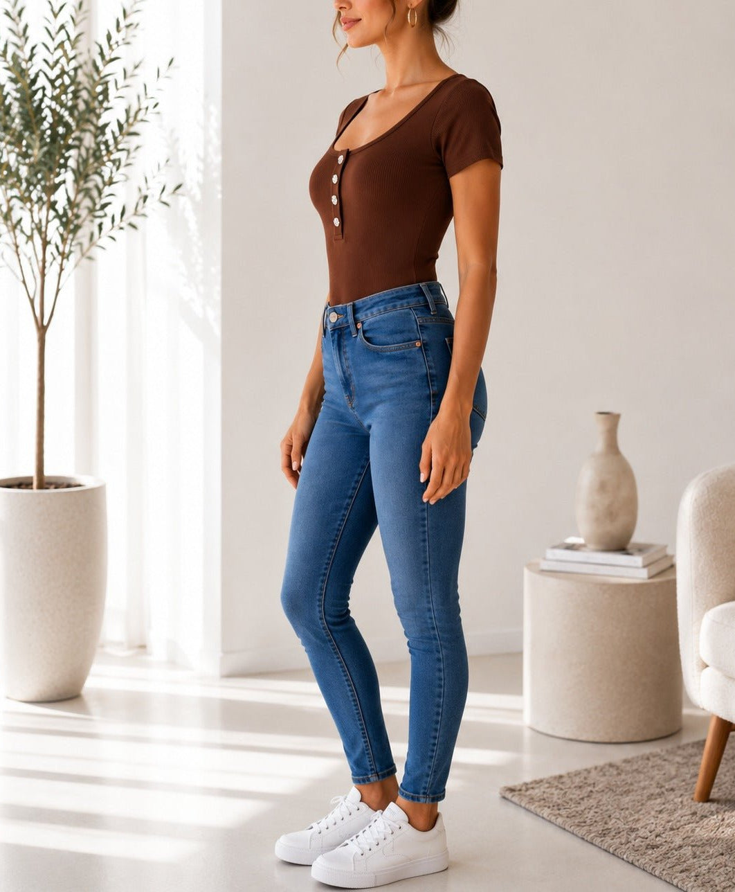 Ladies Brown Ribbed Short Sleeve Bodysuit - StylePhase SA