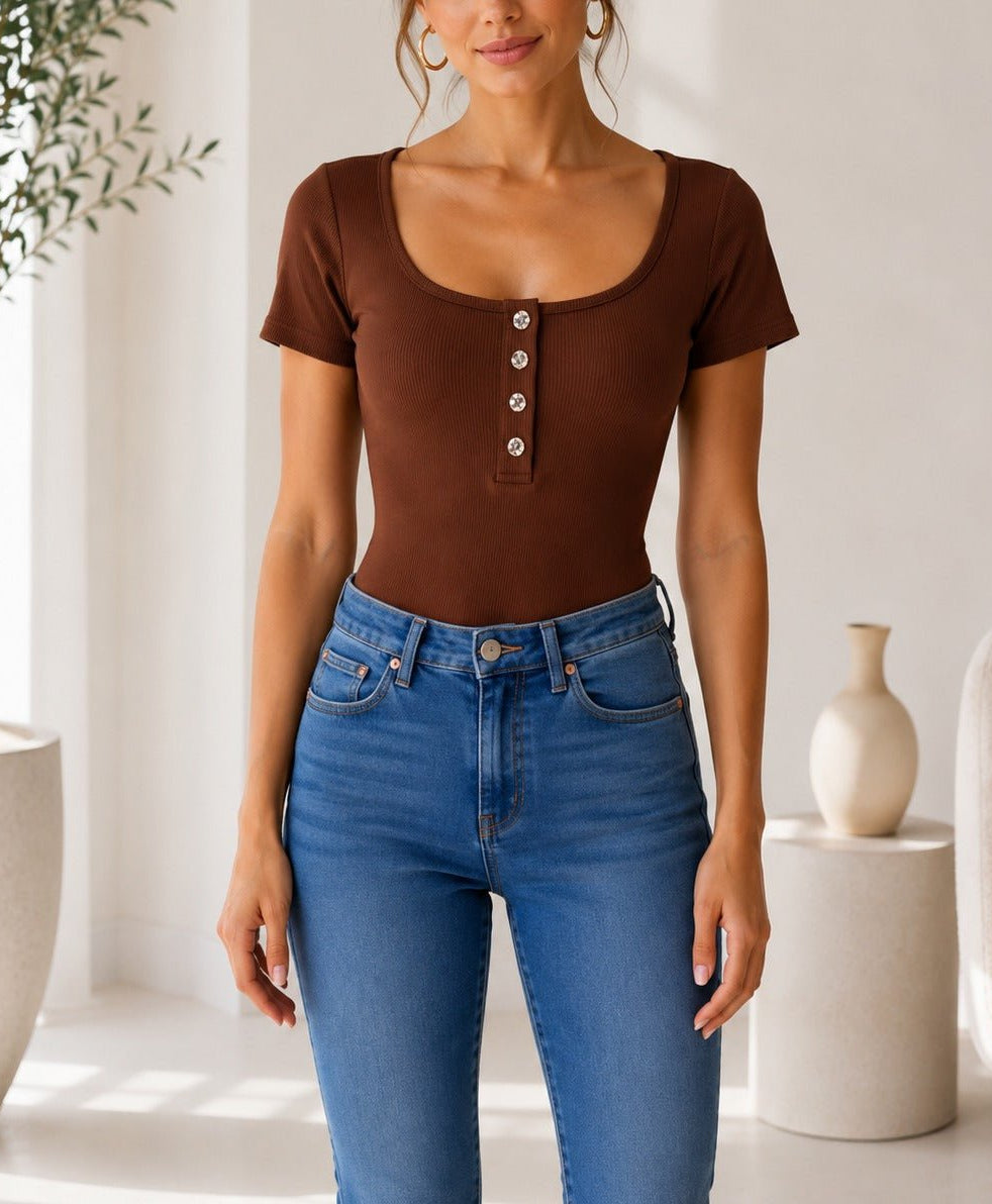 Ladies Brown Ribbed Short Sleeve Bodysuit - StylePhase SA