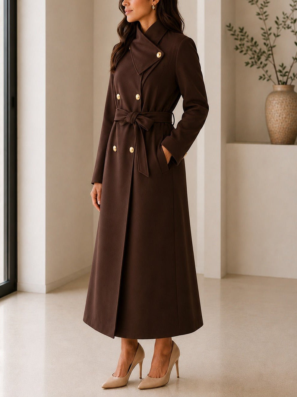 Ladies Brown Side Collar Double Breasted Melton Coat - StylePhase SA