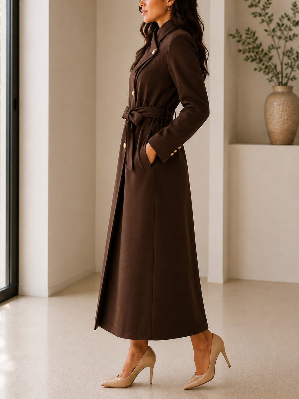 Ladies Brown Side Collar Double Breasted Melton Coat - StylePhase SA