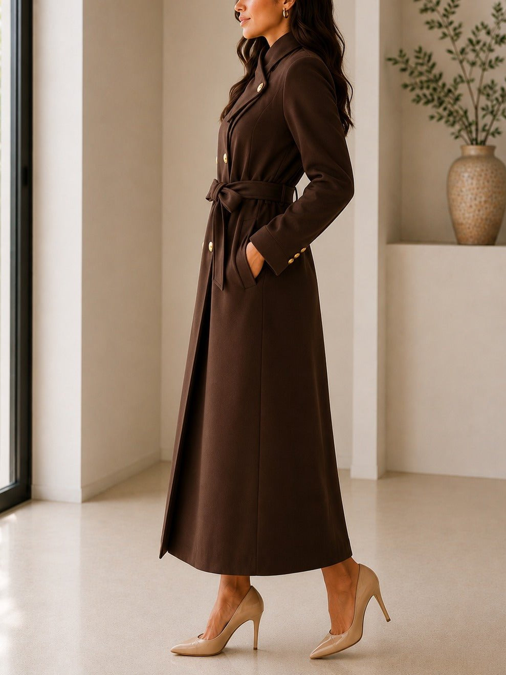 Ladies Brown Side Collar Double Breasted Melton Coat - StylePhase SA