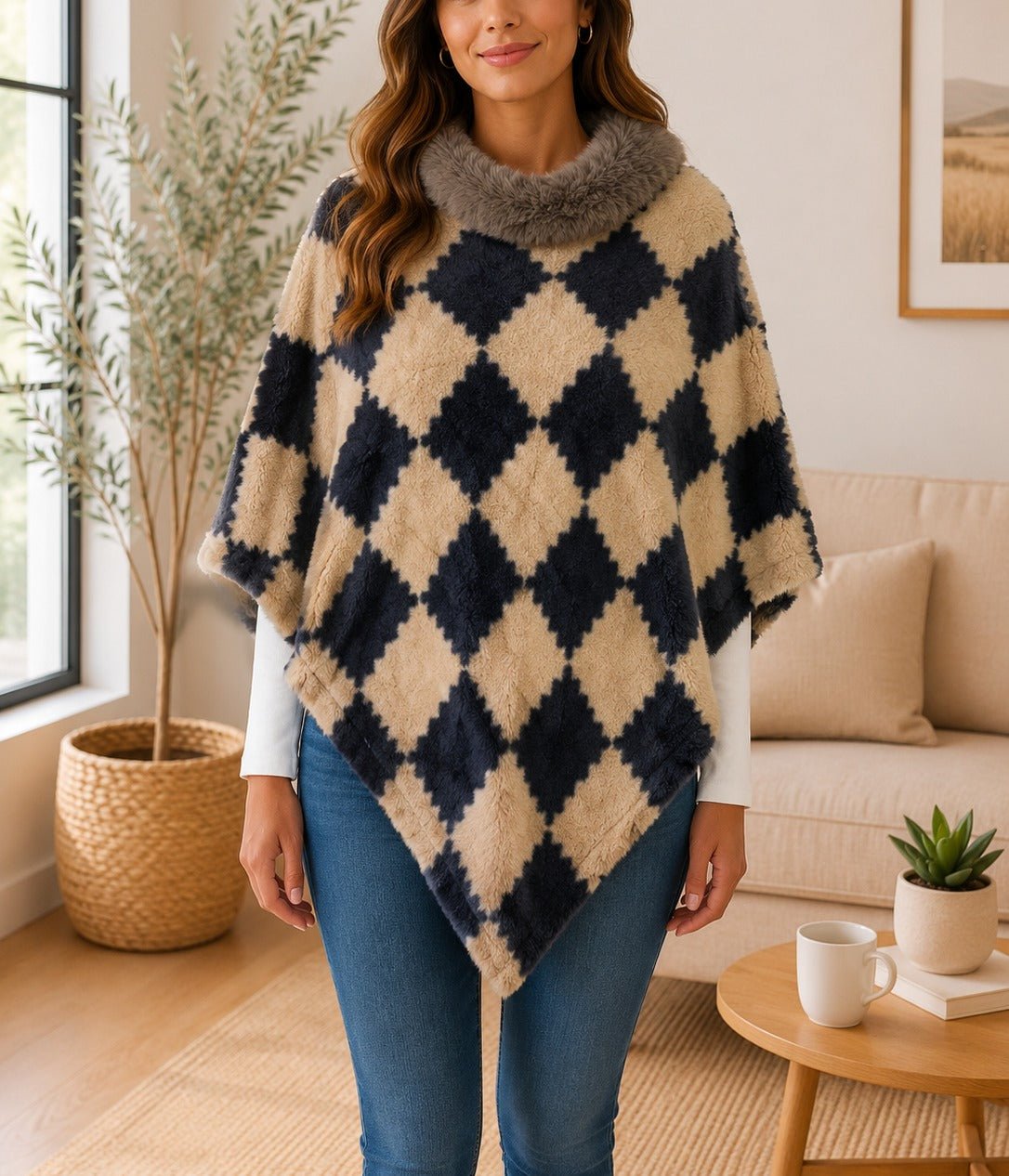 Ladies Brown Square Pattern Fur Collar Poncho - StylePhase SA