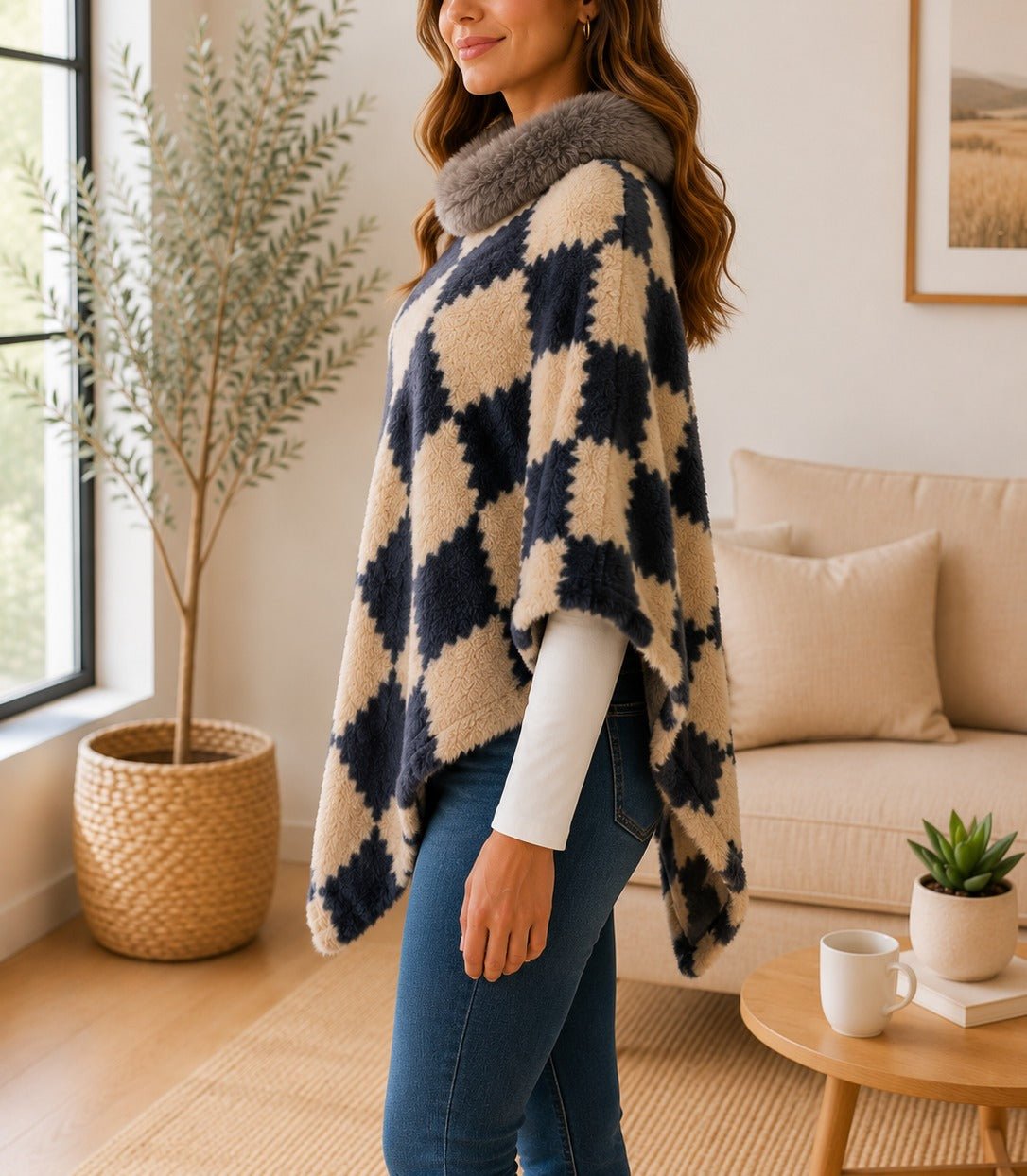 Ladies Brown Square Pattern Fur Collar Poncho - StylePhase SA