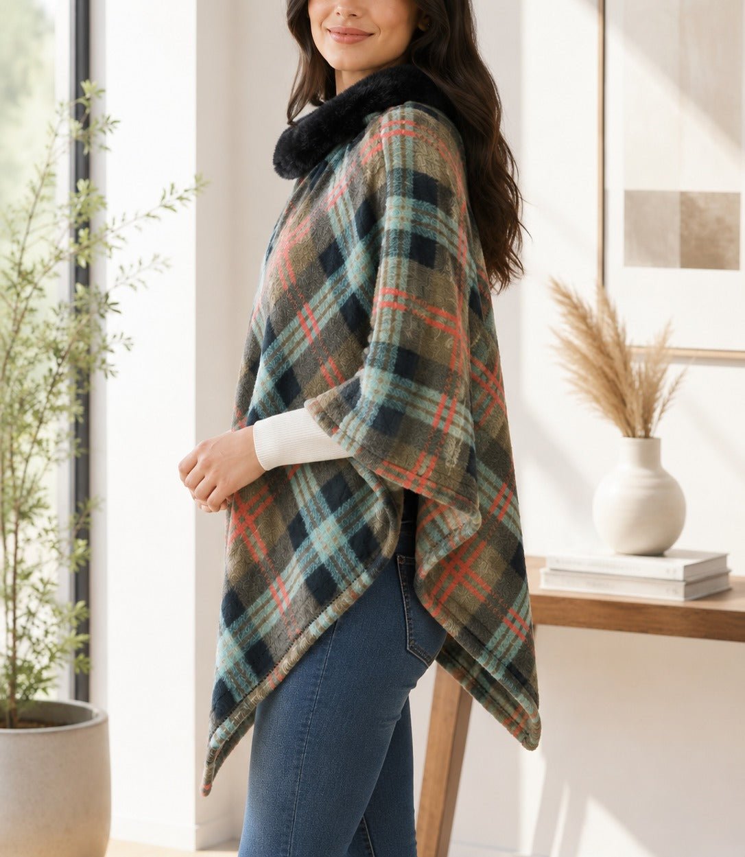 Ladies Brown Two Tone Fur Collar Poncho - StylePhase SA