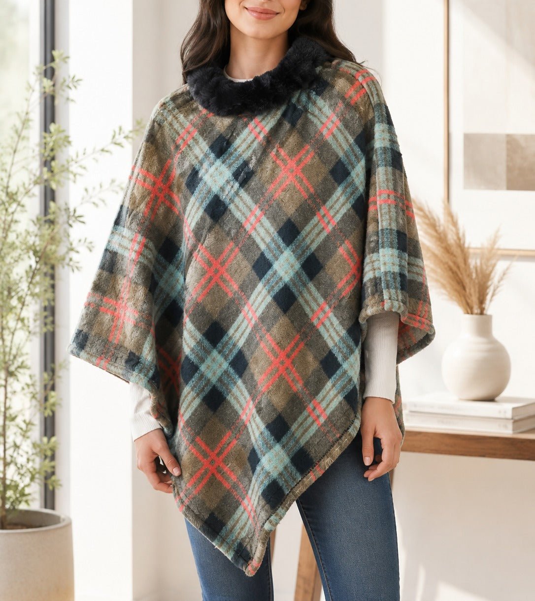 Ladies Brown Two Tone Fur Collar Poncho - StylePhase SA
