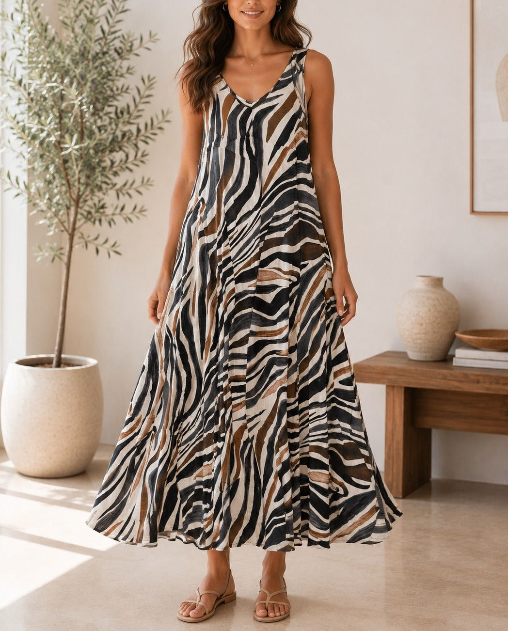 Ladies Brown V Neck Maxi Dress - StylePhase SA