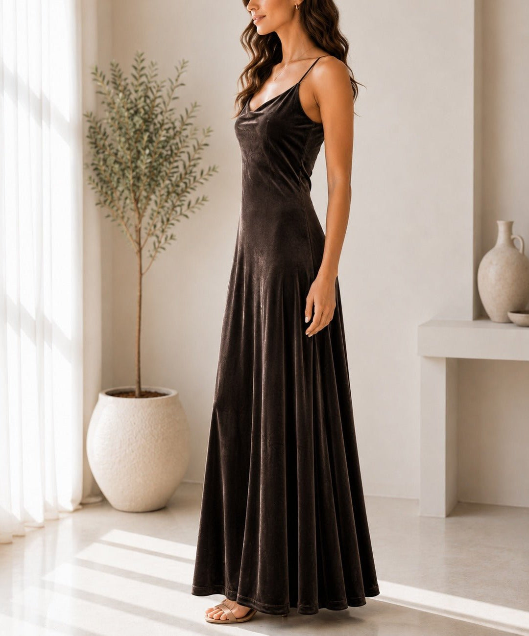 Ladies Brown Velour Strappy Maxi Dress - StylePhase SA