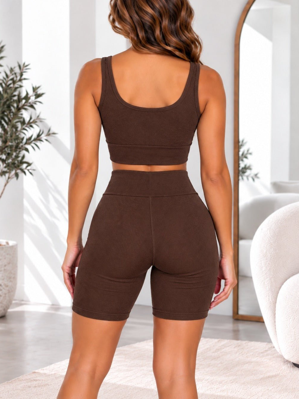 Ladies Brown Zip Top And Drawstring Shorts Active Wear Set - StylePhase SA