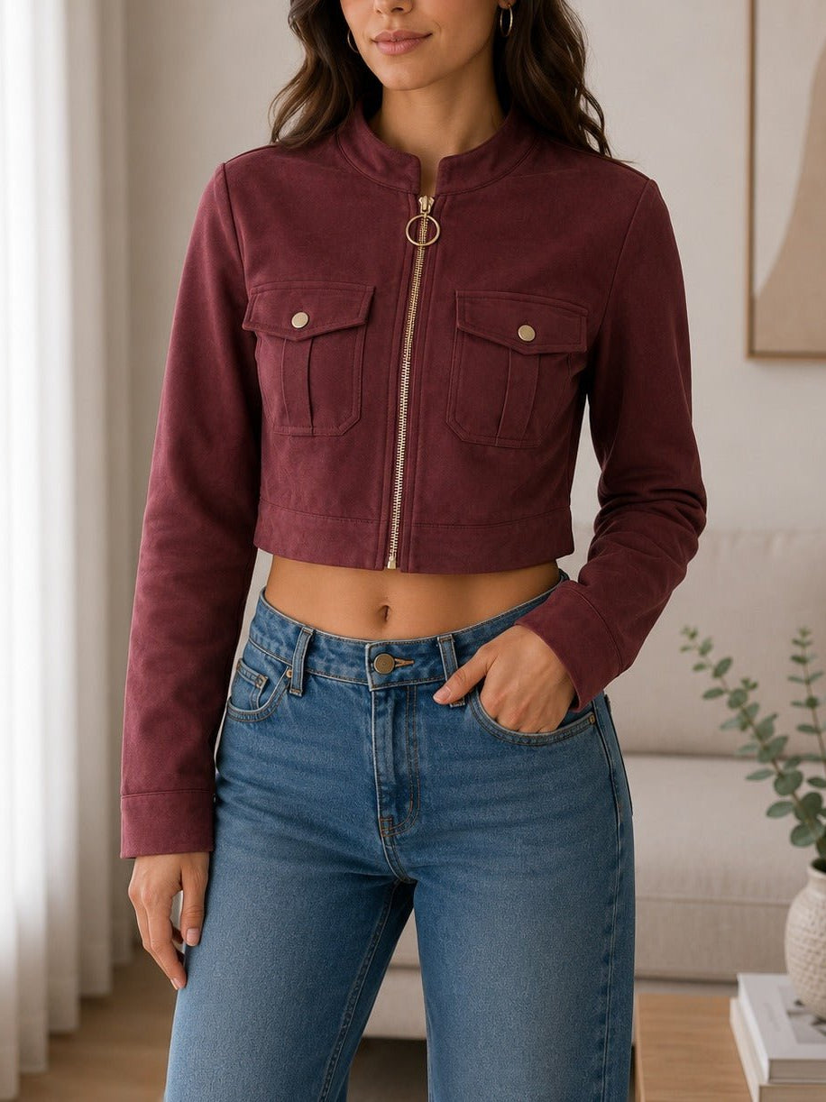 Ladies Burgundy Faux Suede Cropped Jacket - StylePhase SA