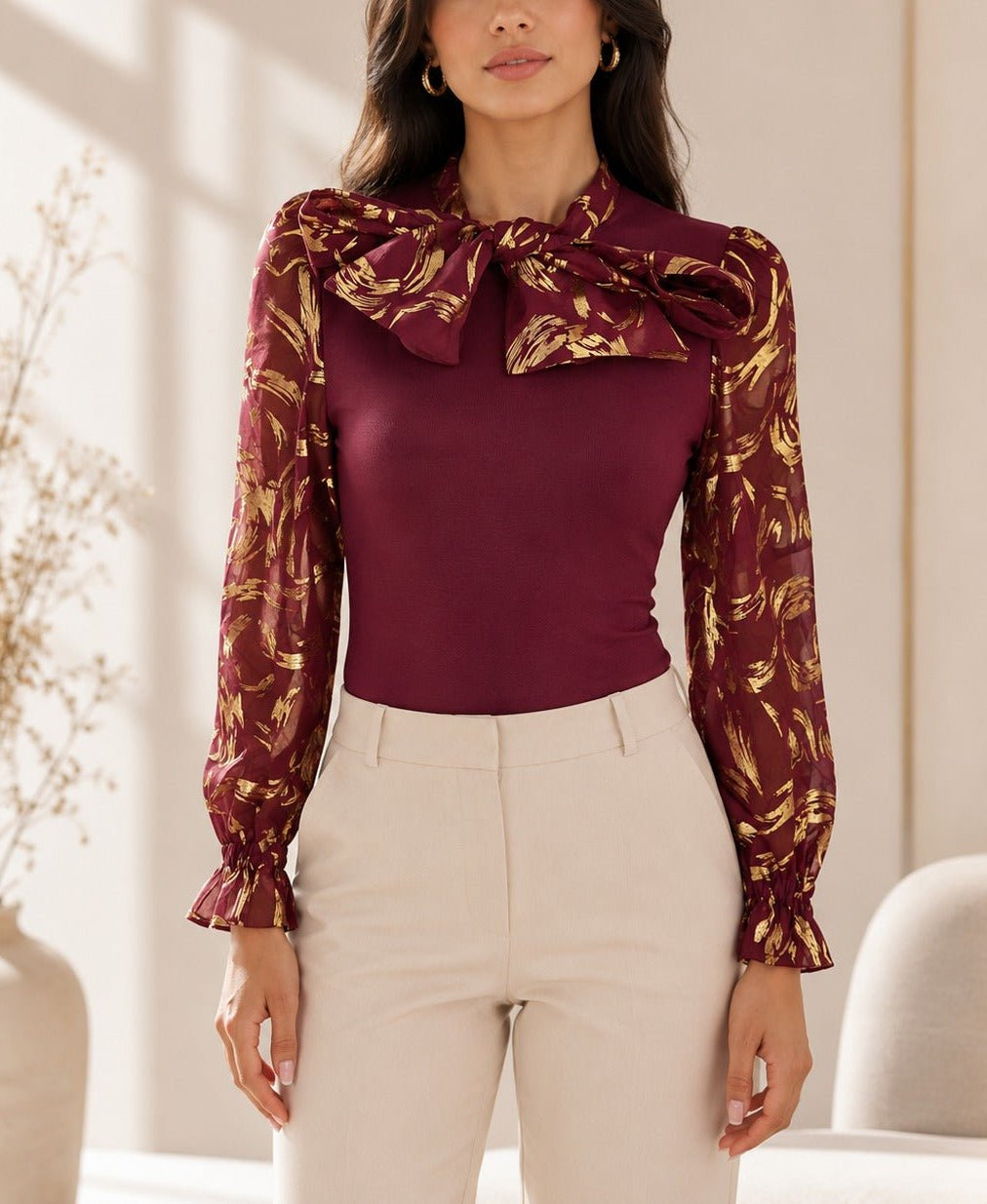 Ladies Burgundy Floral Bow Neck Long Sleeve Top - StylePhase SA