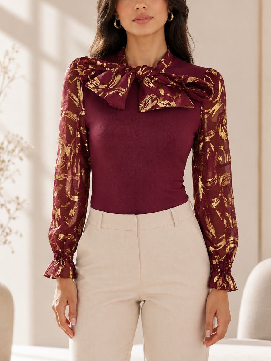 Ladies Burgundy Floral Bow Neck Long Sleeve Top - StylePhase SA