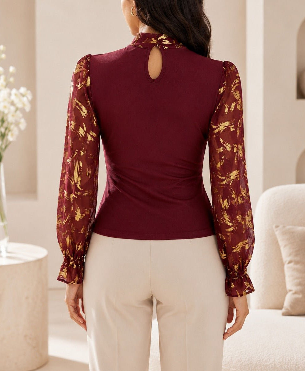 Ladies Burgundy Floral Bow Neck Long Sleeve Top - StylePhase SA