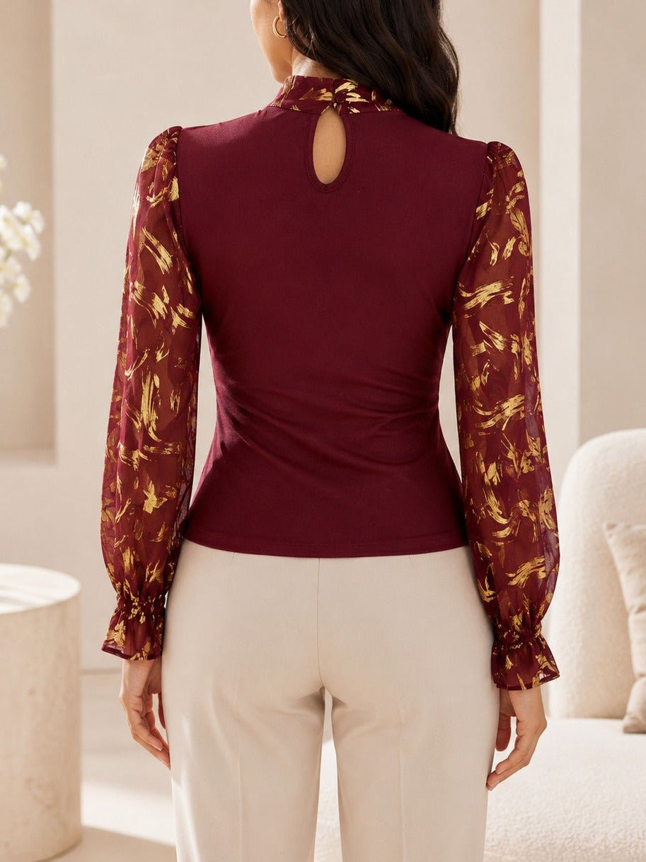 Ladies Burgundy Floral Bow Neck Long Sleeve Top - StylePhase SA
