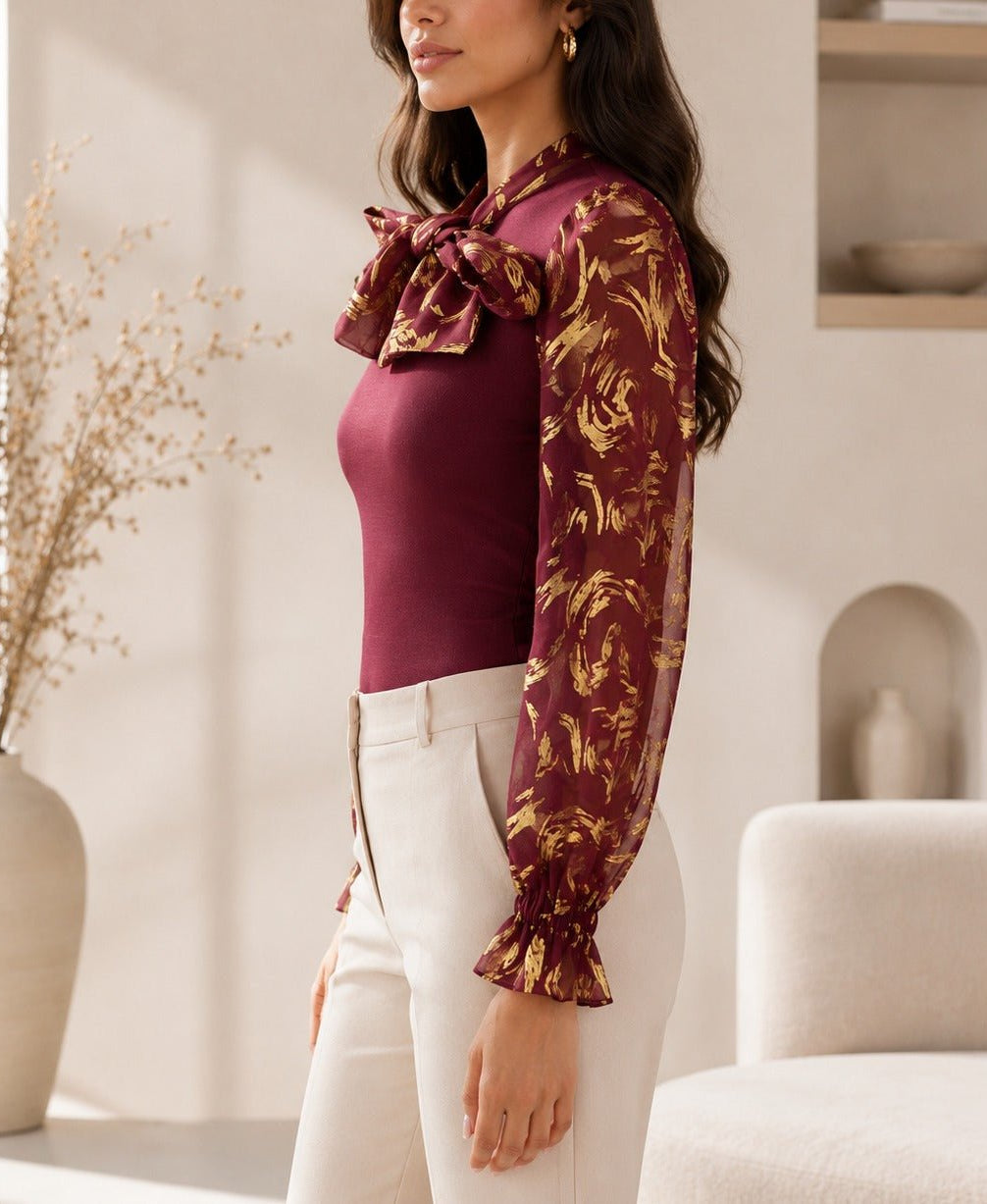 Ladies Burgundy Floral Bow Neck Long Sleeve Top - StylePhase SA