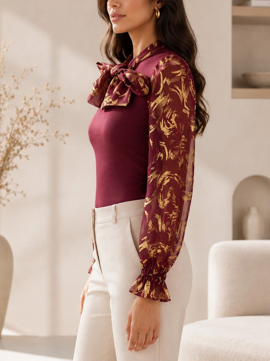 Ladies Burgundy Floral Bow Neck Long Sleeve Top - StylePhase SA
