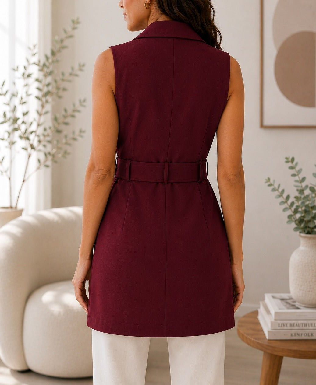 Ladies Burgundy Sleeveless Belted Longline Waistcoat - StylePhase SA