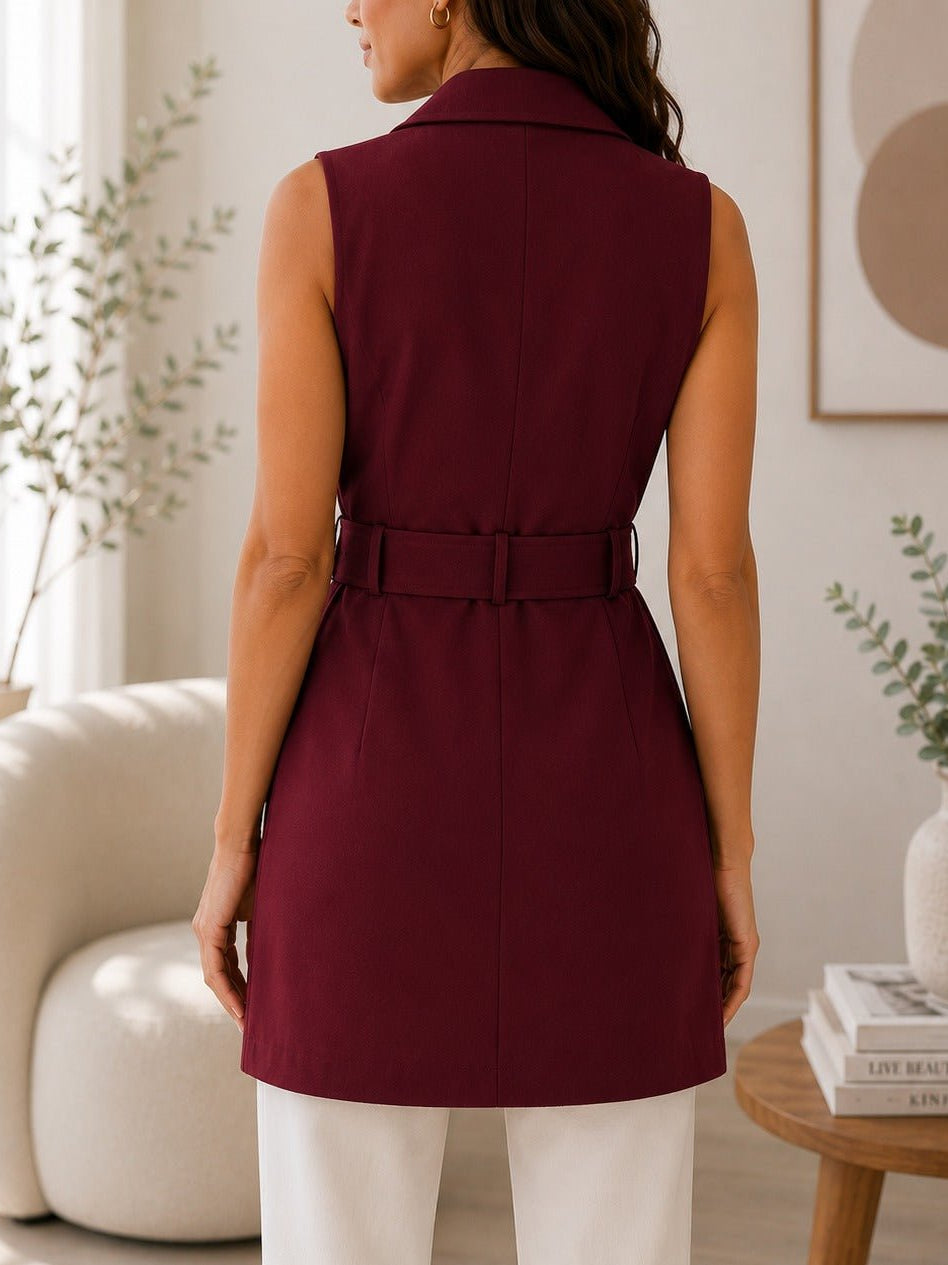 Ladies Burgundy Sleeveless Belted Longline Waistcoat - StylePhase SA