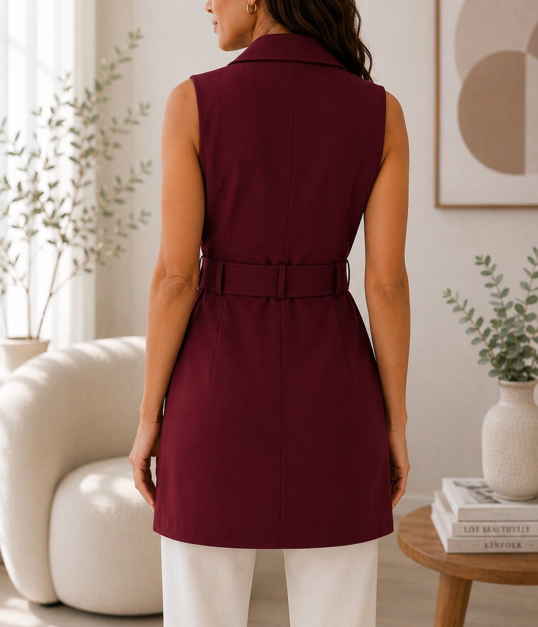 Ladies Burgundy Sleeveless Belted Longline Waistcoat - StylePhase SA