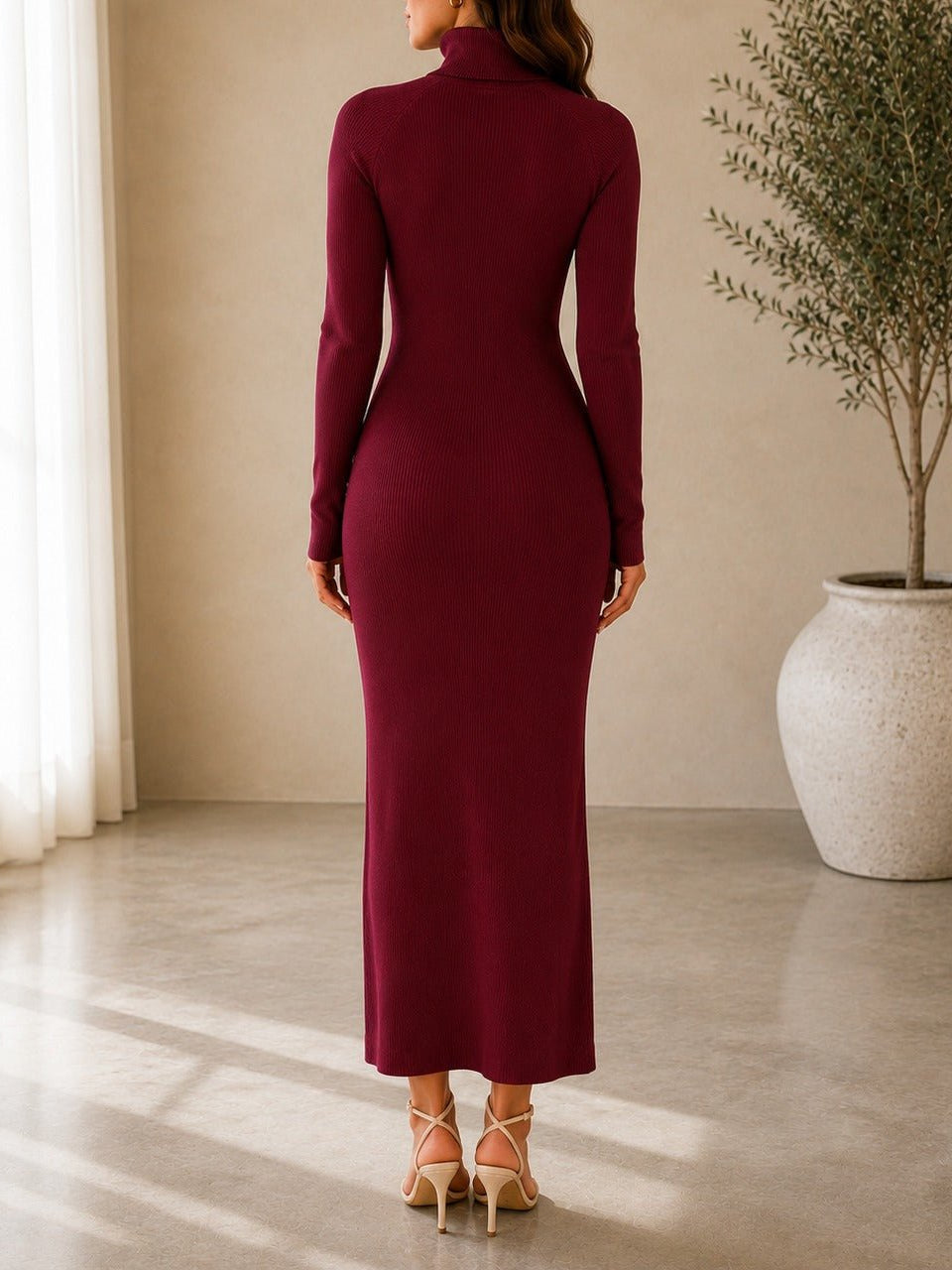 Ladies Burgundy Turtleneck Maxi Dress - StylePhase SA