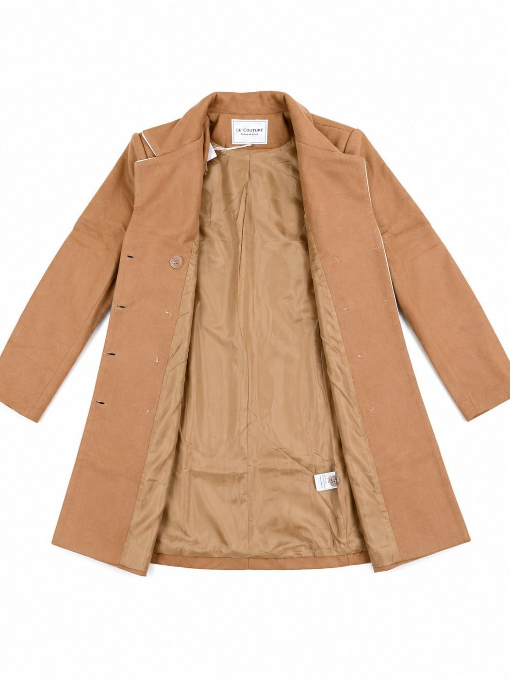 Ladies Camel Double-Breasted Tailored Longline Coat - StylePhase SA
