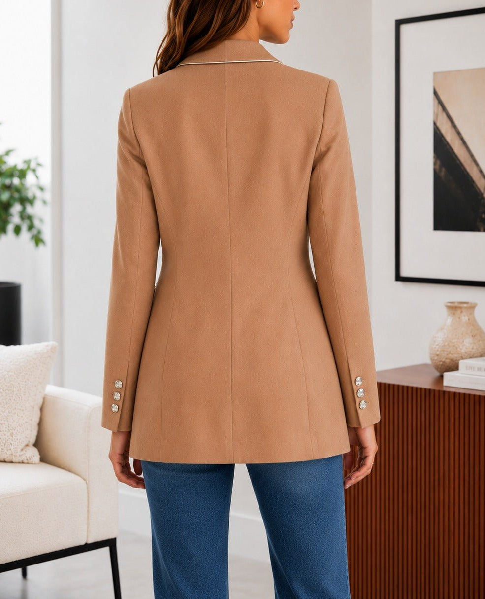 Ladies Camel Double-Breasted Tailored Longline Coat - StylePhase SA