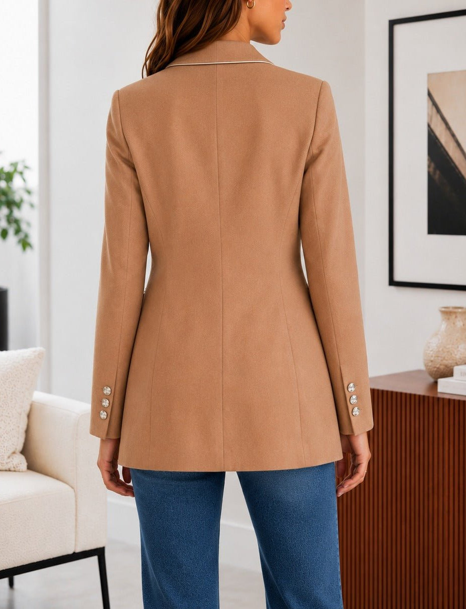 Ladies Camel Double-Breasted Tailored Longline Coat - StylePhase SA