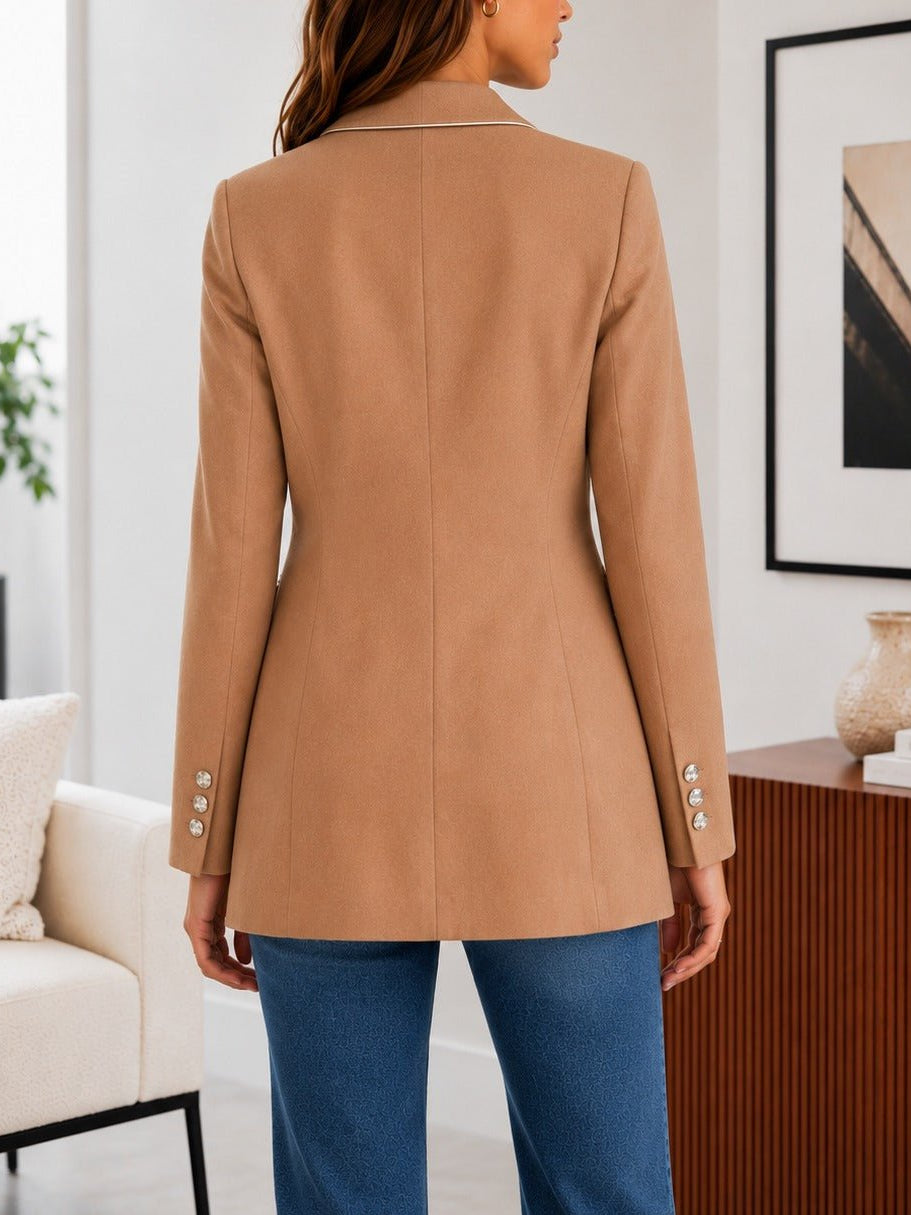 Ladies Camel Double-Breasted Tailored Longline Coat - StylePhase SA