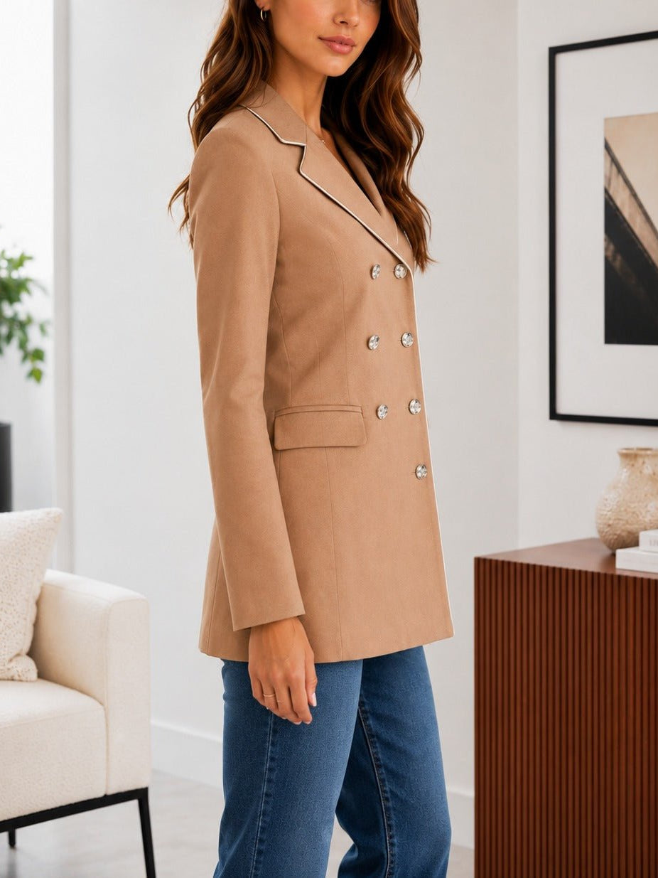 Ladies Camel Double-Breasted Tailored Longline Coat - StylePhase SA