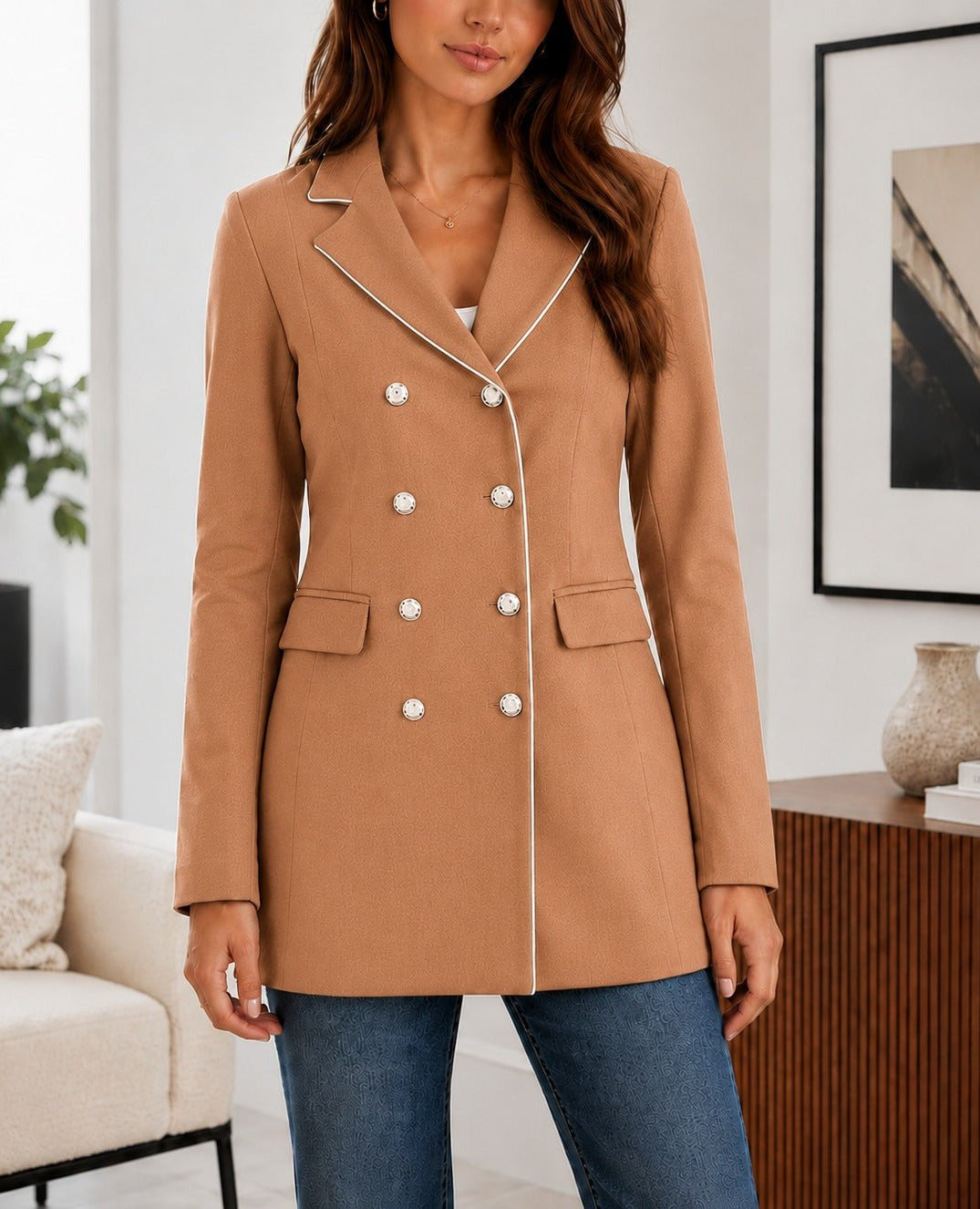 Ladies Camel Double-Breasted Tailored Longline Coat - StylePhase SA