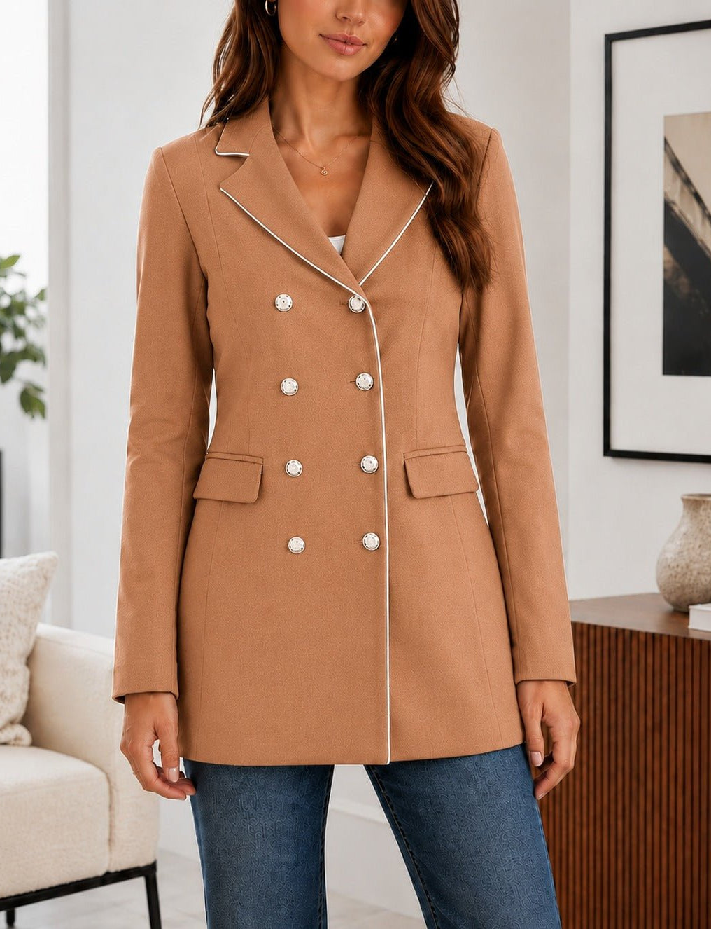 Ladies Camel Double-Breasted Tailored Longline Coat - StylePhase SA