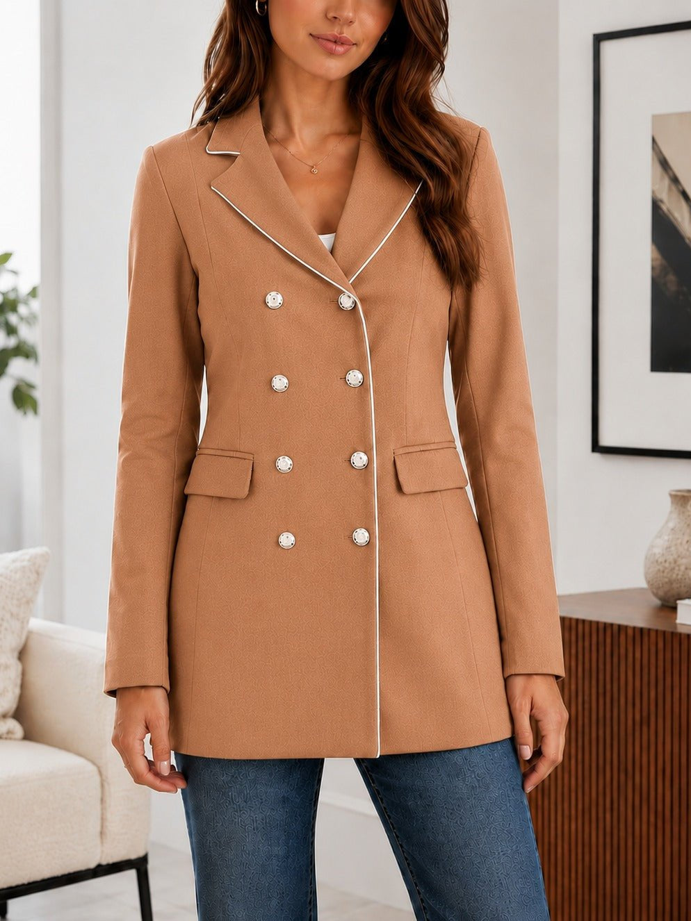 Ladies Camel Double-Breasted Tailored Longline Coat - StylePhase SA