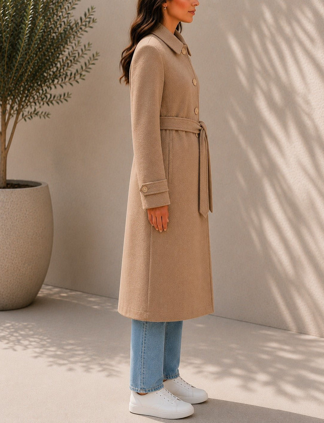 Ladies Camel Pleated Button Detail Melton Coat - StylePhase SA