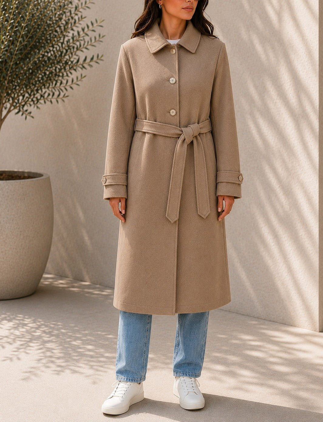 Ladies Camel Pleated Button Detail Melton Coat - StylePhase SA