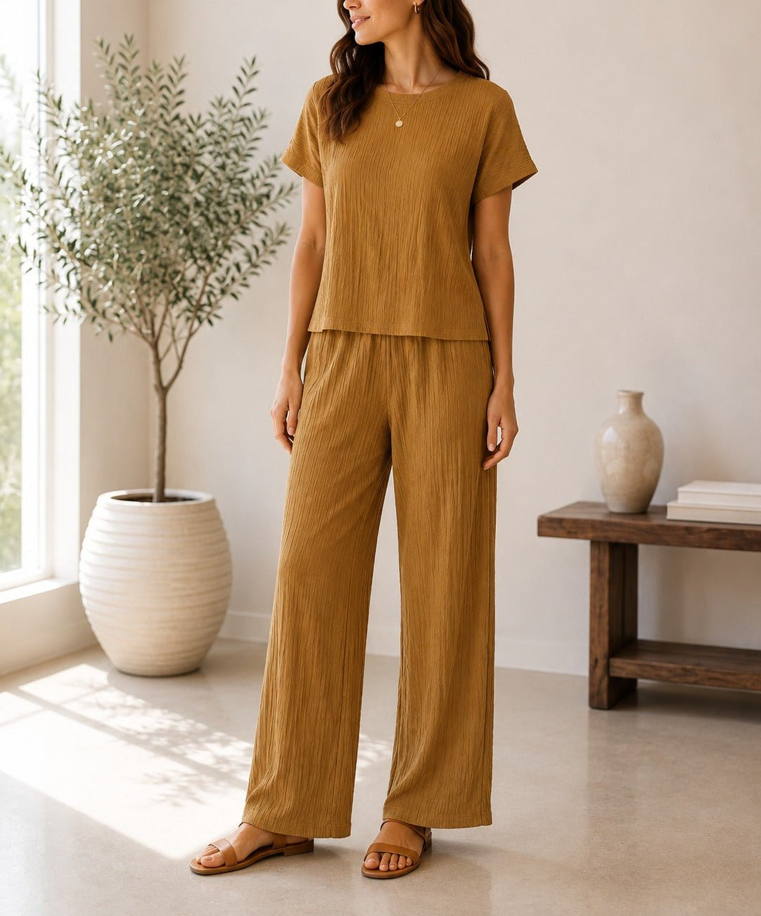 Ladies Caramel Crinkle-Knit Two-piece New Feeling Set - StylePhase SA